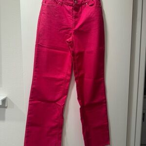 G by Giuliana Flare Jeans in Vibrant Pink fringed hem